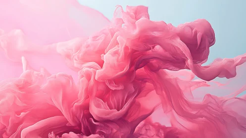 Billowing pink ink clouds in soft cyan negative space.