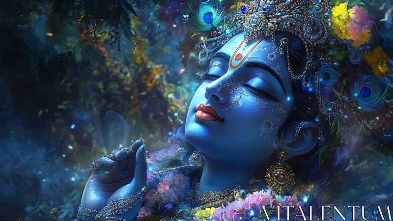 Divine blue figure rests in luminous floral and cosmic glow