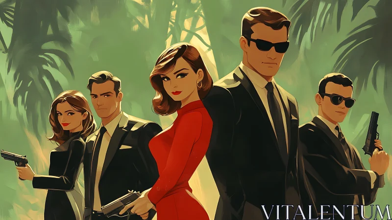 Stylized agent team stands armed in tropical jungle environment