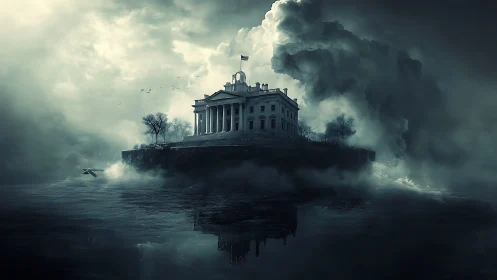 Storm veiled neoclassical mansion adrift on dark waters.