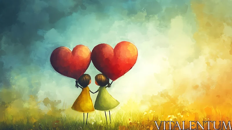 Two Figures with Red Heart Balloons in Field