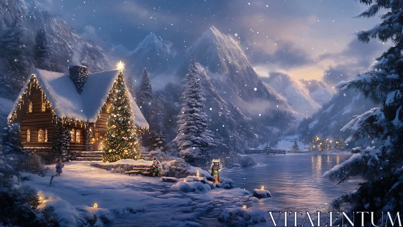 Snowlit Christmas cabin glows beside a tranquil alpine lake.
