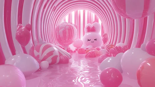 Pink neon tunnel with cute mascot and candy spheres.