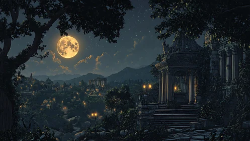 Lunar-illuminated neoclassical valley city with tiered temples.