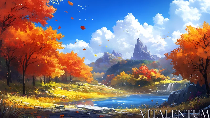 Autumn valley landscape with vibrant lake and distant spires.
