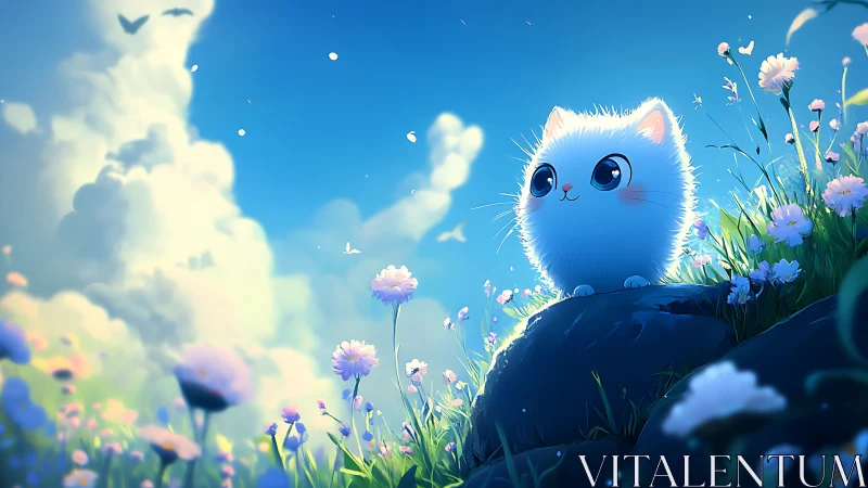 Ethereal Blue Feline Guardian Amid Blooming Garden under Crystalline Sky.