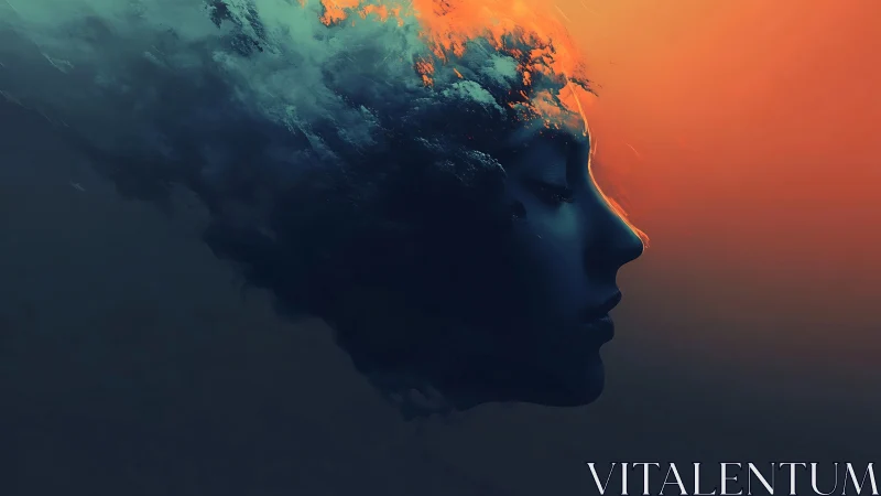 Surreal female profile dissolving into storm cloud nebula