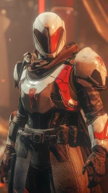 Armored sci‑fi guardian in red‑white exosuit under warm haze.
