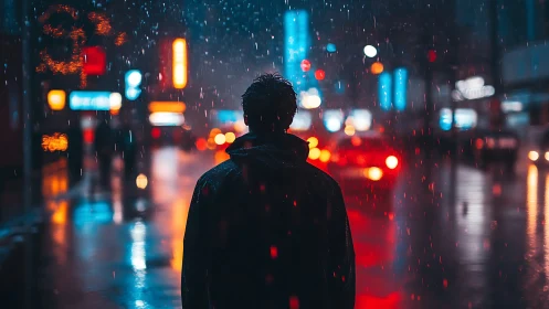 Figure stands on wet neon street under falling nighttime rain