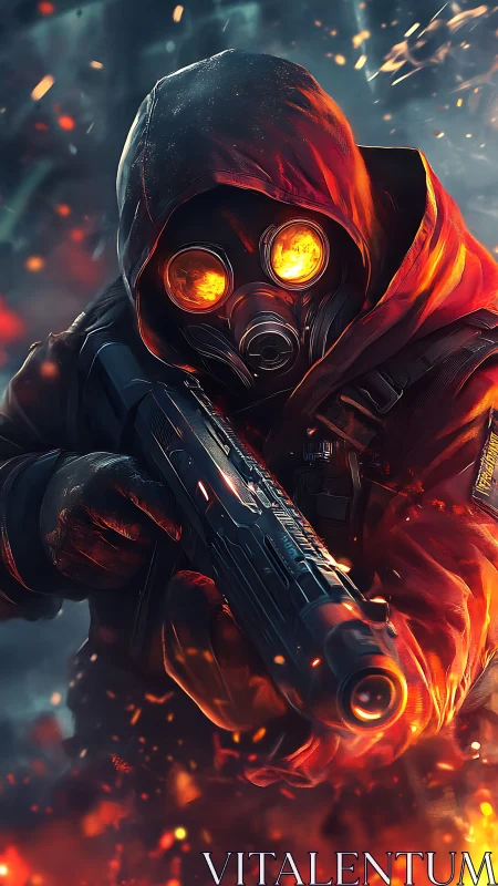 Masked firelit warrior advances through blazing chaos