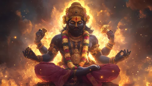 Fiery multi-armed deity meditates amid swirling cosmic flames.