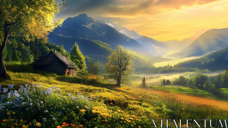 Sunlit Alpine meadow valley with rustic timber cabin at dawn.