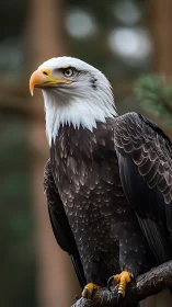 Bald eagle portrait on forest perch with detailed plumage study