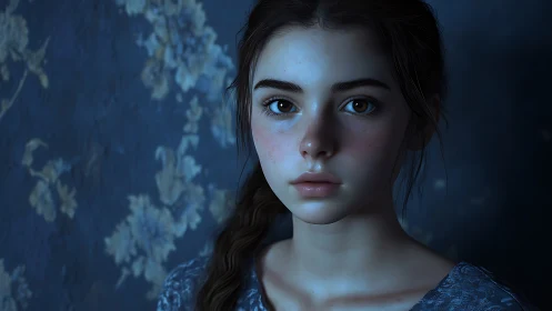 Young girl stands in cool blue light before floral wall