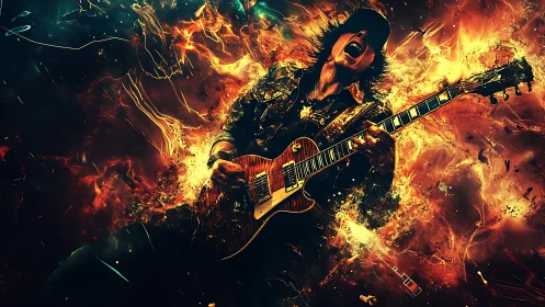 Electric guitarist erupts in fiery abstract energy burst