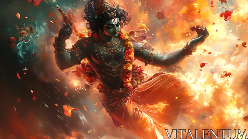 Deific warrior in incendiary vortex with dynamic volumetric bloom.