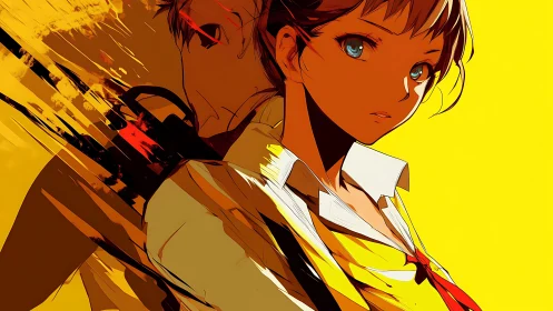 Profile portrait shows anime student with abstract shadow