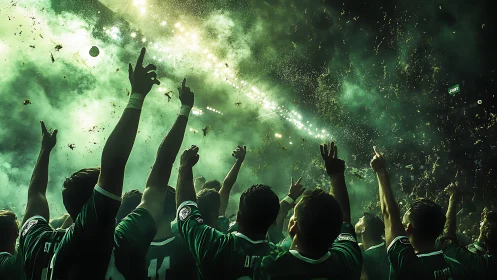 Backlit football crowd celebrating under dense green pyrotechnics