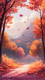 Autumn Valley: A Vibrant Fall Landscape with Falling Leaves.