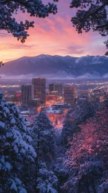 Vertical winter cityscape framed by snow-laden forest canopy.