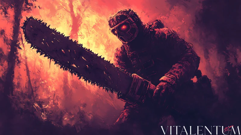 Smoldering chainsaw warrior strides through a burning forest