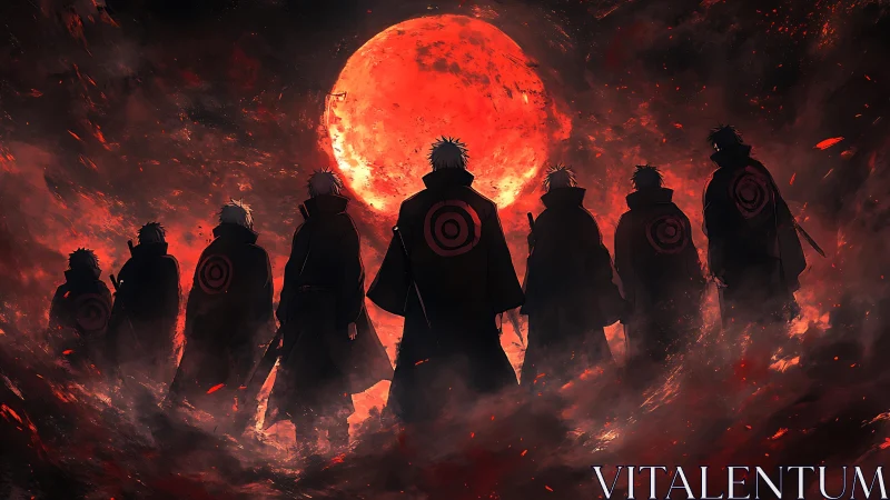 Anime silhouettes under blood moon in infernal atmospheric field.