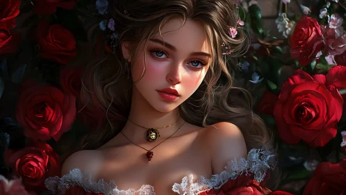 Rose garden muse with soft gaze and romantic charm.