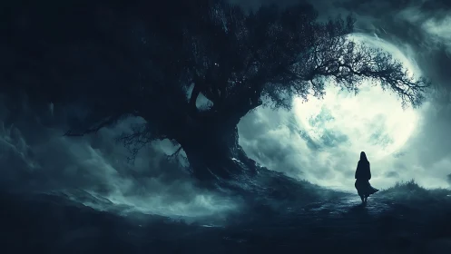 Silhouetted figure walks beneath vast moonlit tree