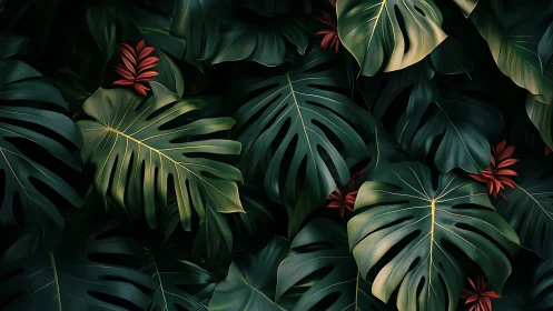 Dense monstera foliage with red tropical accent flowers.