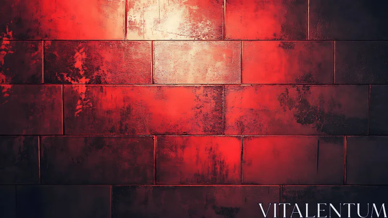 Red illuminated brick wall shows textured worn surface