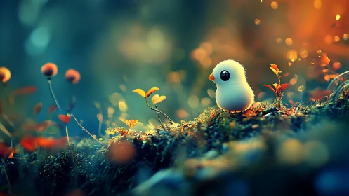Whimsical white bird on mossy forest floor, bokeh glow.