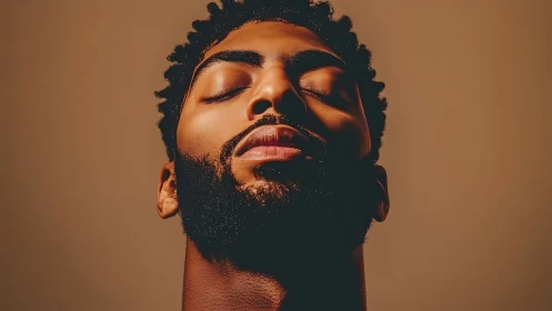 Upward low-angle portrait isolates serene, sculpted visage