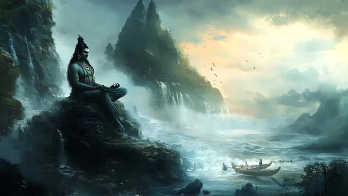 Meditating deity above misty river valley with boats.