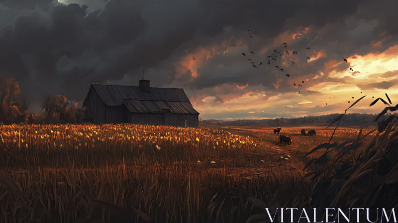 Storm-lit agrarian field with barn, cattle and migrating birds.