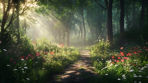 Sunlit forest path with wildflowers in a dreamy, realistic style.