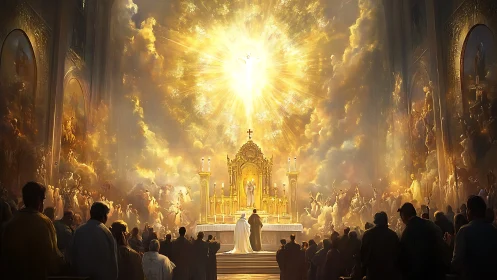 Majestic wedding ceremony under radiant golden altar light.