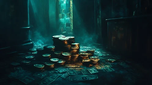 Hidden chamber of glowing coins and scattered cash awaits.