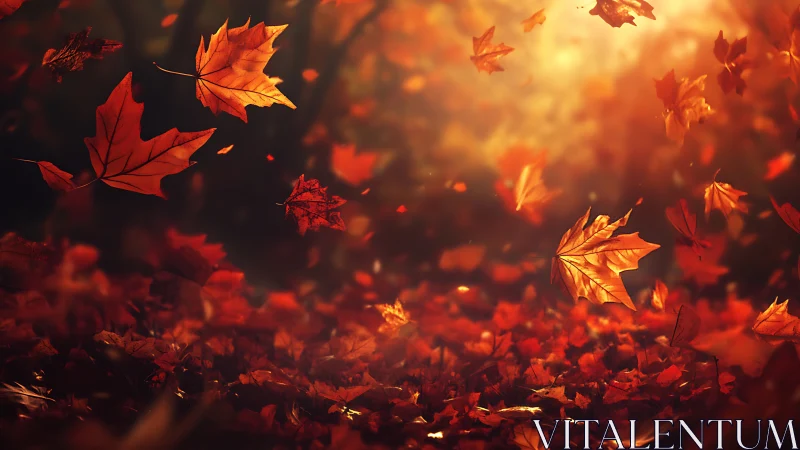 Crimson autumn leaves drift through warm golden forest light