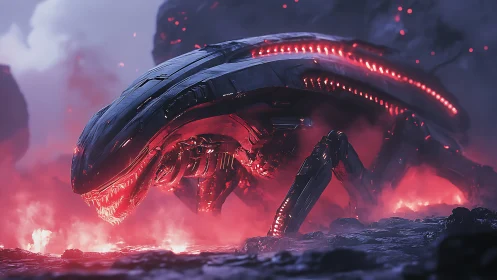 Colossal alien war machine stalking through molten fog.