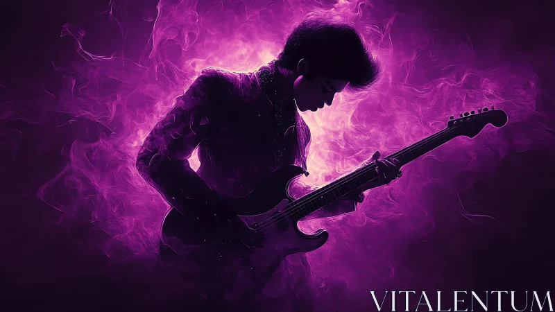 Electric guitarist in vibrant purple smoke silhouette.