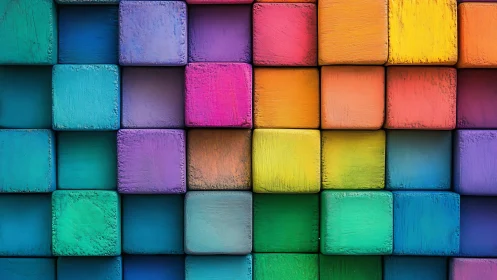 Chromatic relief grid of textured wooden cubes in full spectrum