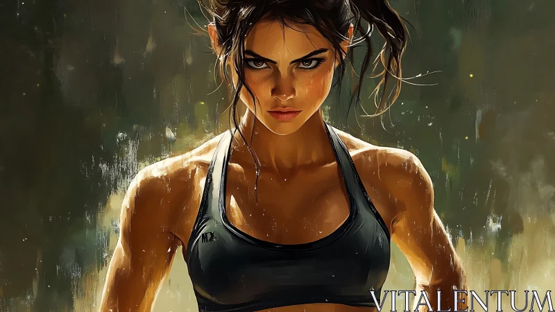 Intense female athlete stares forward with determined focus