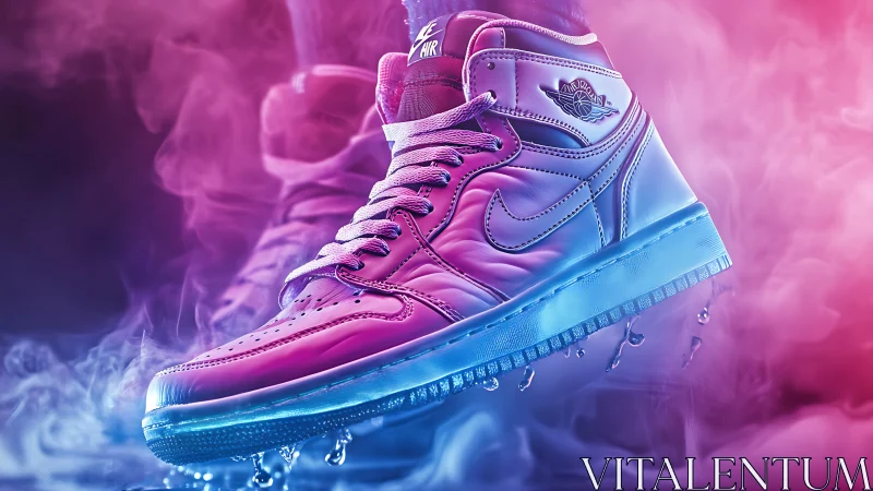 Neon dream sneakers floating through glowing vapor clouds.