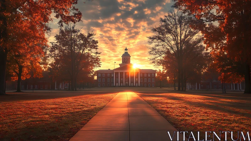 Brick academic building aligns with central sunlit pathway