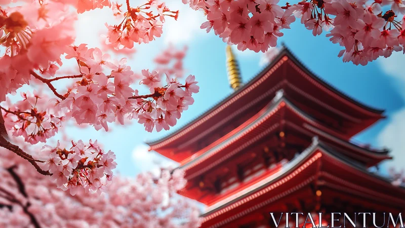 Cherry blossoms frame defocused five-story pagoda in bright daylight