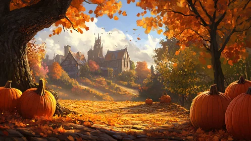Cozy autumn village path lined with glowing orange pumpkins.