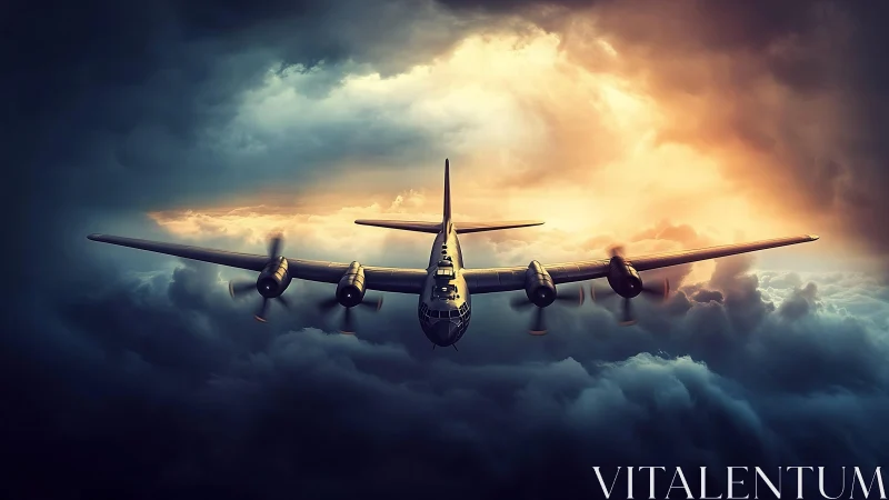 Storm-slicing bomber glides between shadowed cloud kingdoms