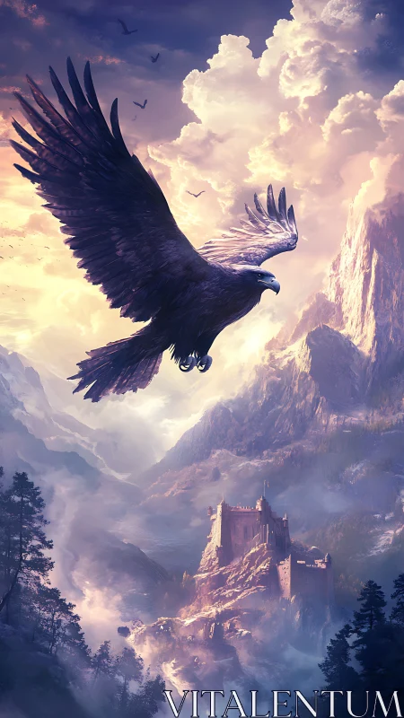 Stormwing sentinel over mist-cloaked mountain citadel.