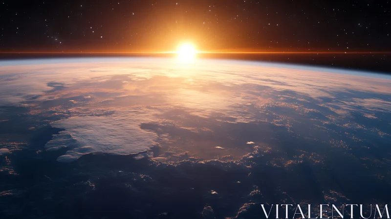 Sunrise over Earth horizon from space with glowing atmosphere.