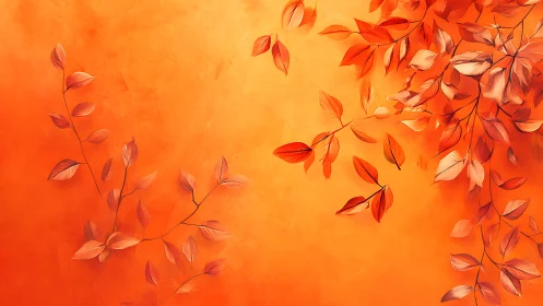 Autumnal branches curve across radiant orange painterly ground